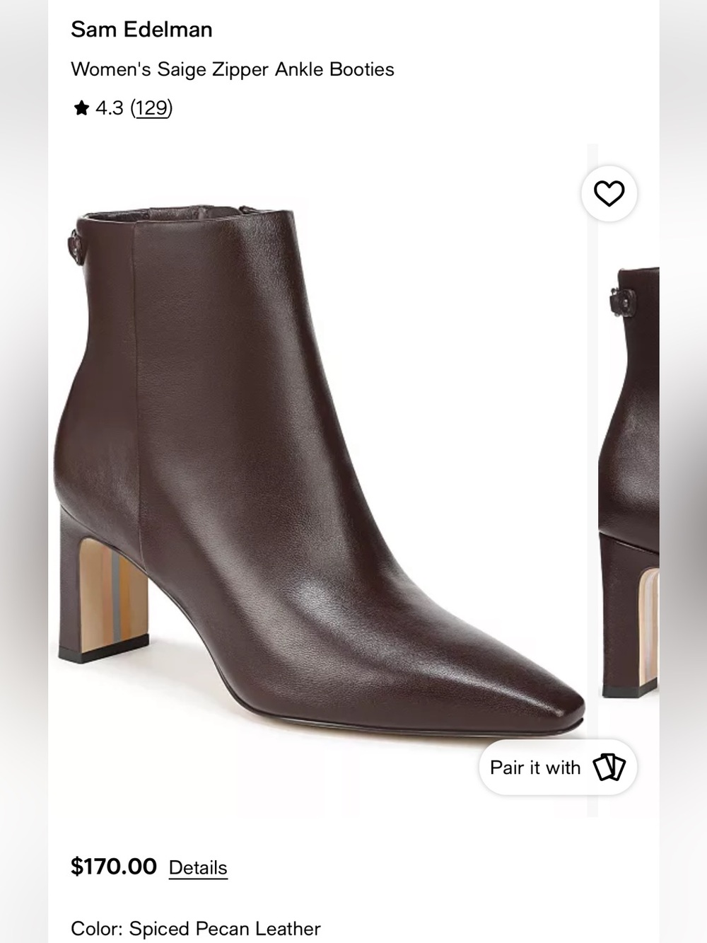 Sam Edelman Saige Pecan Brown Leather Pointed-Toe Ankle Booties
